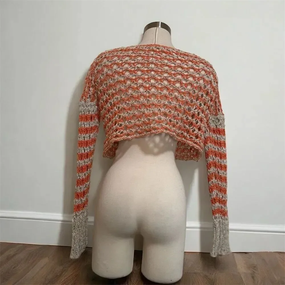 Free People Crochet Crop Top Blouse Small Mesh Bell Sleeve Woven Knit